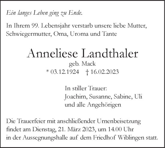 Traueranzeige von Anneliese Landthaler von SÜDWEST PRESSE Ausgabe Ulm/Neu-Ulm