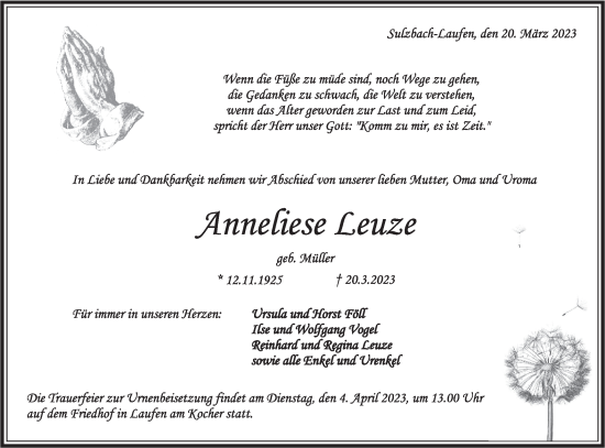 Traueranzeige von Anneliese Leuze von Rundschau Gaildorf