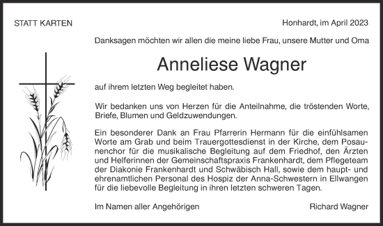 Traueranzeige von Anneliese Wagner von Hohenloher Tagblatt