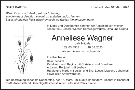 Traueranzeige von Anneliese Wagner von Hohenloher Tagblatt