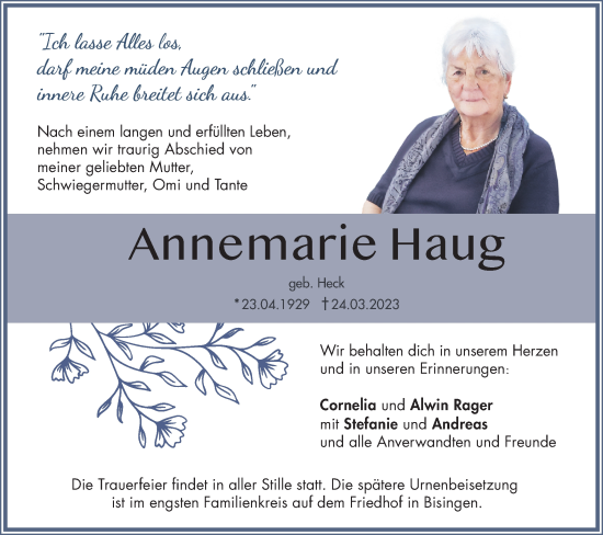 Traueranzeige von Annemarie Haug von Metzinger-Uracher Volksblatt