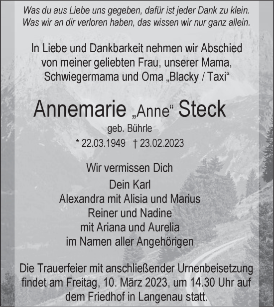 Traueranzeige von Annemarie Steck von SÜDWEST PRESSE Ausgabe Ulm/Neu-Ulm