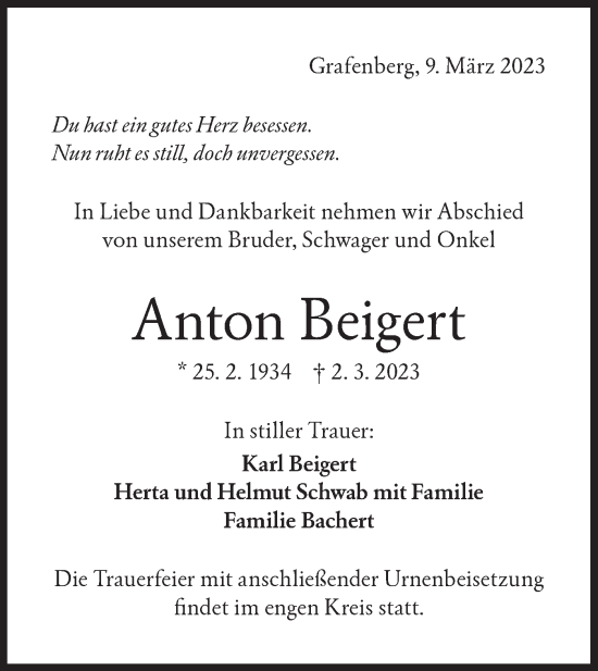 Traueranzeige von Anton Beigert von Metzinger-Uracher Volksblatt