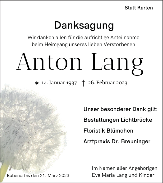 Traueranzeige von Anton Lang von Haller Tagblatt