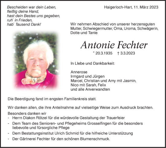 Traueranzeige von Antonie Fechter von Metzinger-Uracher Volksblatt