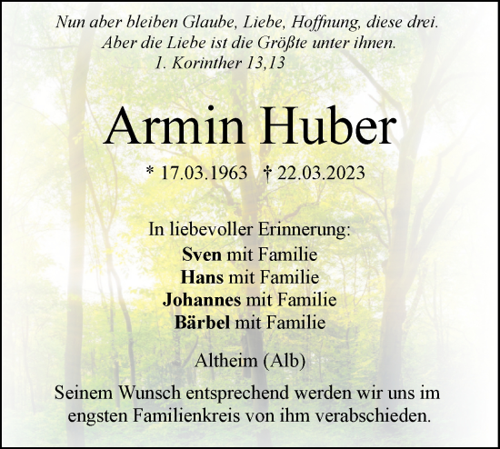 Traueranzeige von Armin Huber von SÜDWEST PRESSE Ausgabe Ulm/Neu-Ulm