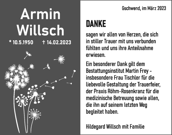 Traueranzeige von Armin Willsch von Rundschau Gaildorf