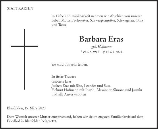 Traueranzeige von Barbara Eras von Hohenloher Tagblatt