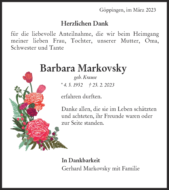 Traueranzeige von Barbara Markovsky von NWZ Neue Württembergische Zeitung