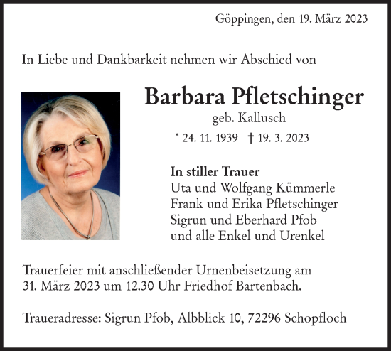 Traueranzeige von Barbara Pfletschinger von NWZ Neue Württembergische Zeitung