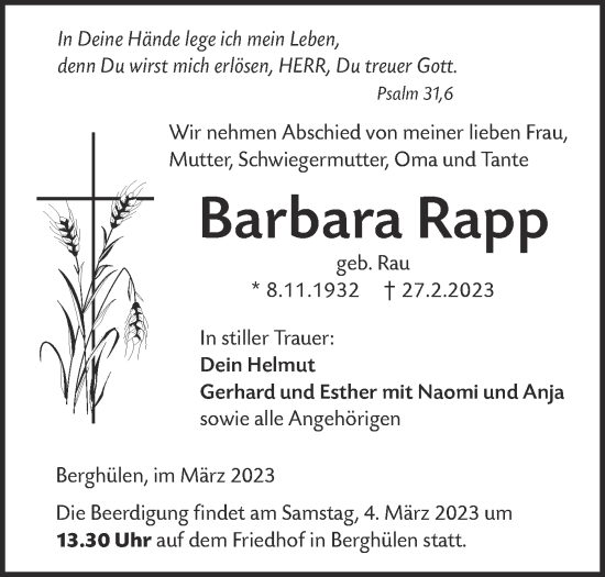 Traueranzeige von Barbara Rapp von SÜDWEST PRESSE Ausgabe Ulm/Neu-Ulm