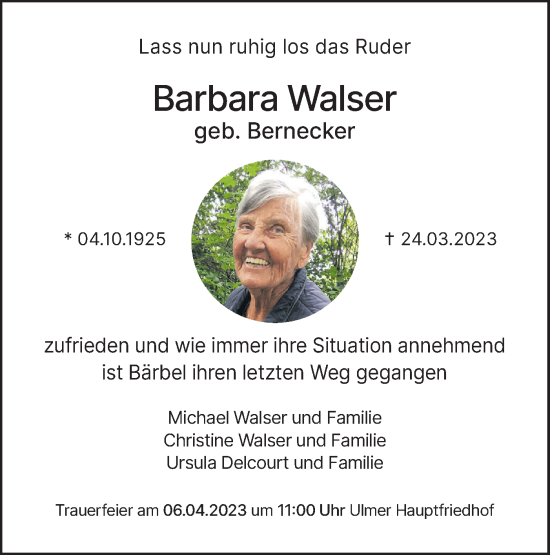 Traueranzeige von Barbara Walser von SÜDWEST PRESSE Ausgabe Ulm/Neu-Ulm