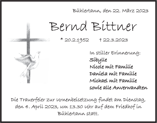 Traueranzeige von Bernd Bittner von Rundschau Gaildorf