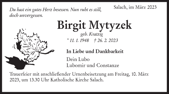 Traueranzeige von Brgit Mytyzek von NWZ Neue Württembergische Zeitung