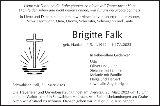 Traueranzeige von Brigitte Falk von Haller Tagblatt