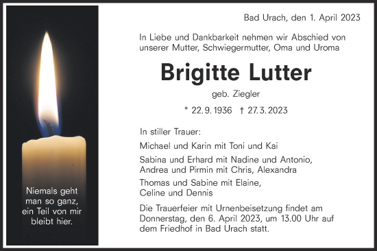 Traueranzeige von Brigitte Lutter von Metzinger-Uracher Volksblatt