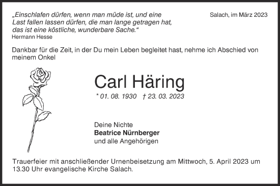 Traueranzeige von Carl Häring von NWZ Neue Württembergische Zeitung