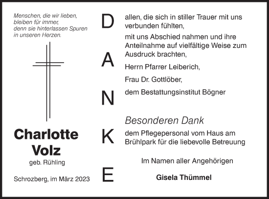 Traueranzeige von Charlotte Volz von Hohenloher Tagblatt