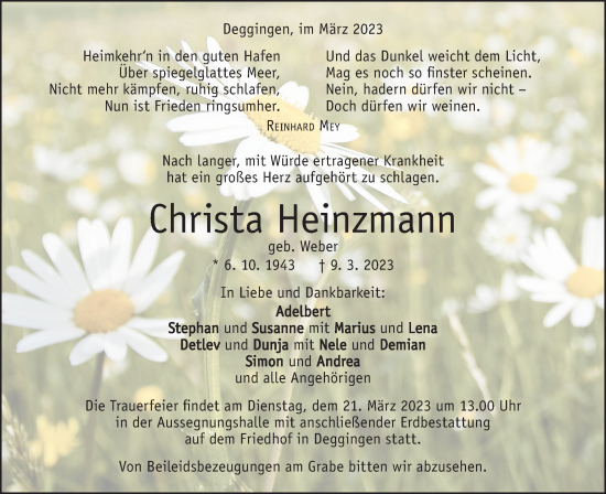 Traueranzeige von Christa Heinzmann von Geislinger Zeitung