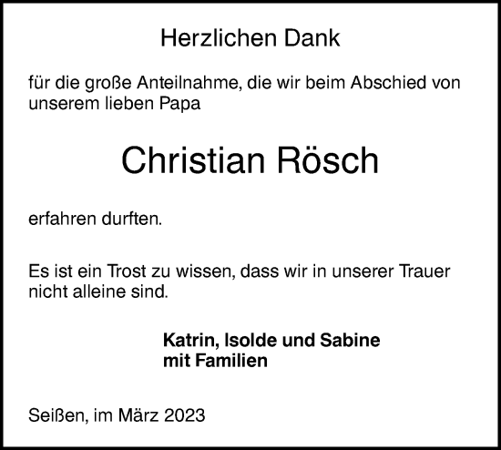 Traueranzeige von Christian Rösch von SÜDWEST PRESSE