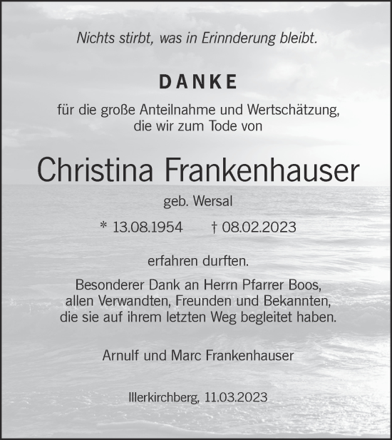 Traueranzeige von Christina Frankenhauser von SÜDWEST PRESSE Ausgabe Ulm/Neu-Ulm