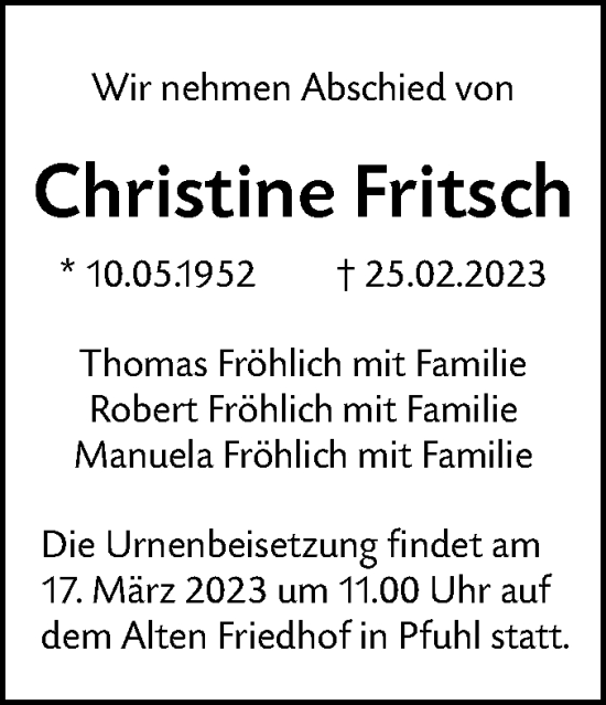 Traueranzeige von Christine Fritsch von SÜDWEST PRESSE Ausgabe Ulm/Neu-Ulm