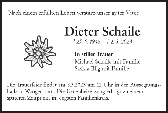 Traueranzeige von Dieter Schaile von NWZ Neue Württembergische Zeitung