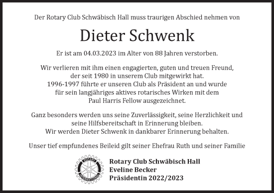 Traueranzeige von Dieter Schwenk von Haller Tagblatt