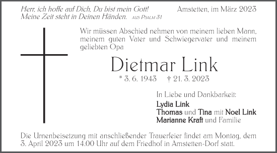 Traueranzeige von Dietmar Link von Geislinger Zeitung