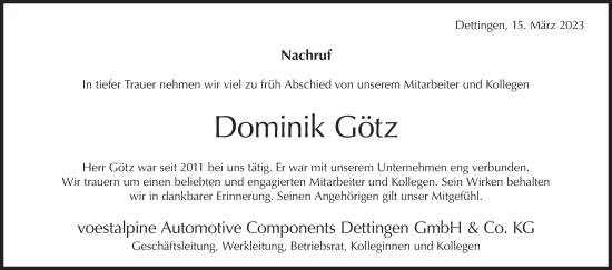 Traueranzeige von Dominik Götz von Metzinger-Uracher Volksblatt