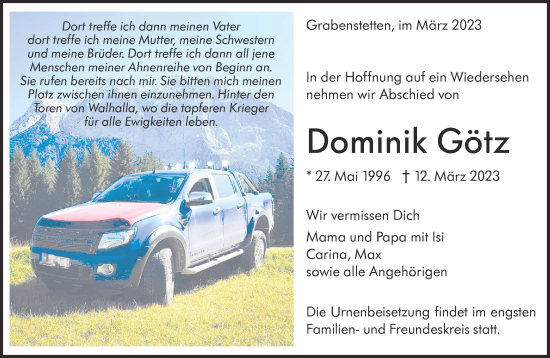 Traueranzeige von Dominik Götz von Alb-Bote/Metzinger-Uracher Volksblatt