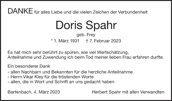 Traueranzeige von Doris Spahr von NWZ Neue Württembergische Zeitung