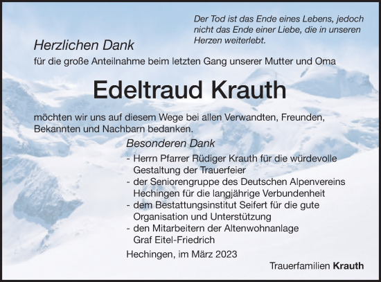 Traueranzeige von Edeltraud Krauth von Metzinger-Uracher Volksblatt