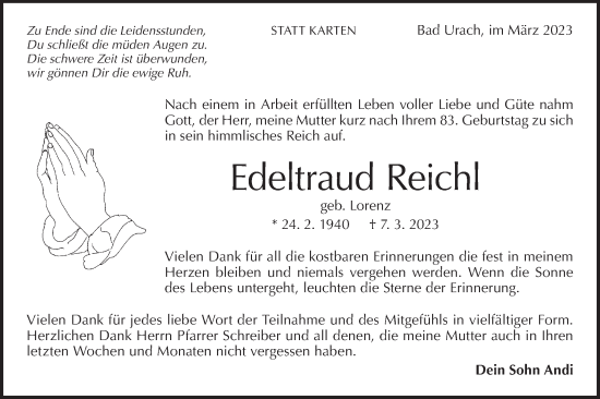 Traueranzeige von Edeltraud Reichl von Metzinger-Uracher Volksblatt