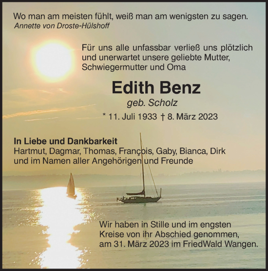 Traueranzeige von Edith Benz von NWZ Neue Württembergische Zeitung