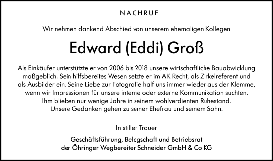 Traueranzeige von Edward Groß von Haller Tagblatt