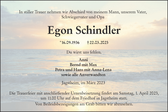 Traueranzeige von Egon Schindler von Hohenloher Tagblatt