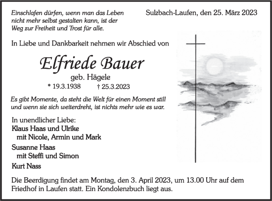 Traueranzeige von Elfriede Bauer von Rundschau Gaildorf