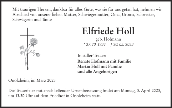 Traueranzeige von Elfriede Holl von Hohenloher Tagblatt