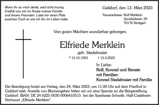 Traueranzeige von Elfriede Merklein von Rundschau Gaildorf