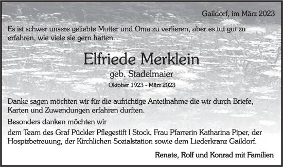 Traueranzeige von Elfriede Merklein von Haller Tagblatt