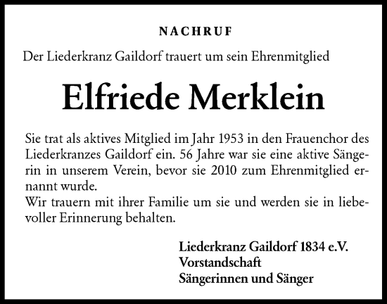 Traueranzeige von Elfriede Merklein von Rundschau Gaildorf