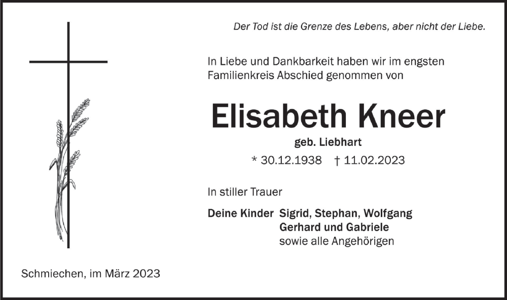  Traueranzeige für Elisabeth Kneer vom 11.03.2023 aus Ehinger Tagblatt