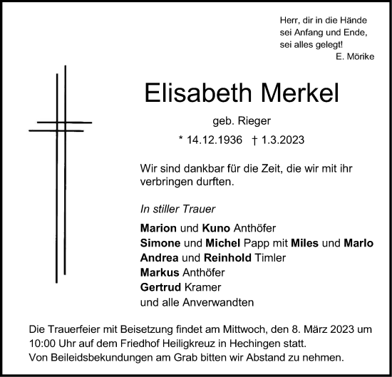 Traueranzeige von Elisabeth Merkel von Metzinger-Uracher Volksblatt