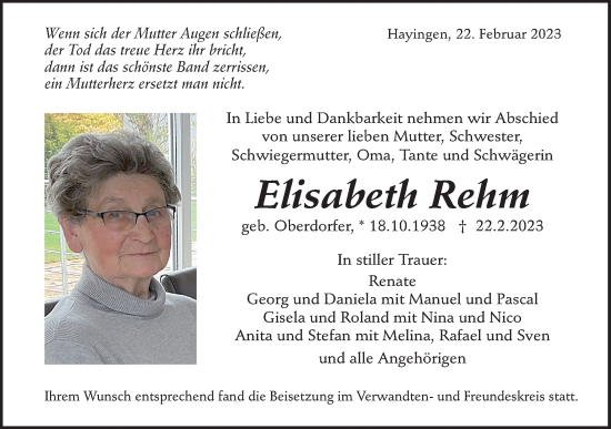 Traueranzeige von Elisabeth Rehm von Alb-Bote/Metzinger-Uracher Volksblatt