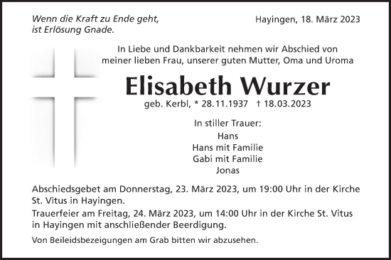 Traueranzeige von Elisabeth Wurzer von Alb-Bote/Metzinger-Uracher Volksblatt