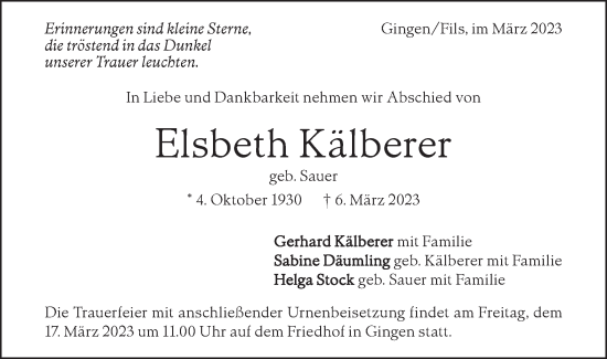 Traueranzeige von Elsbeth Kälberer von Geislinger Zeitung