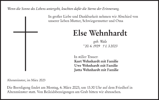 Traueranzeige von Else Wehnhardt von Hohenloher Tagblatt