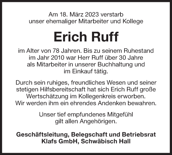 Traueranzeige von Erich Ruff von Haller Tagblatt