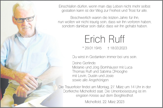 Traueranzeige von Erich Ruff von Haller Tagblatt